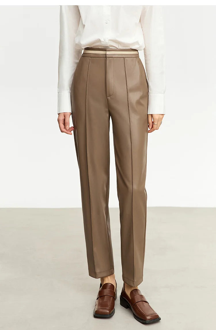 Women’s PU Leather Casual Pants – Loose Straight Floor-Length Trousers