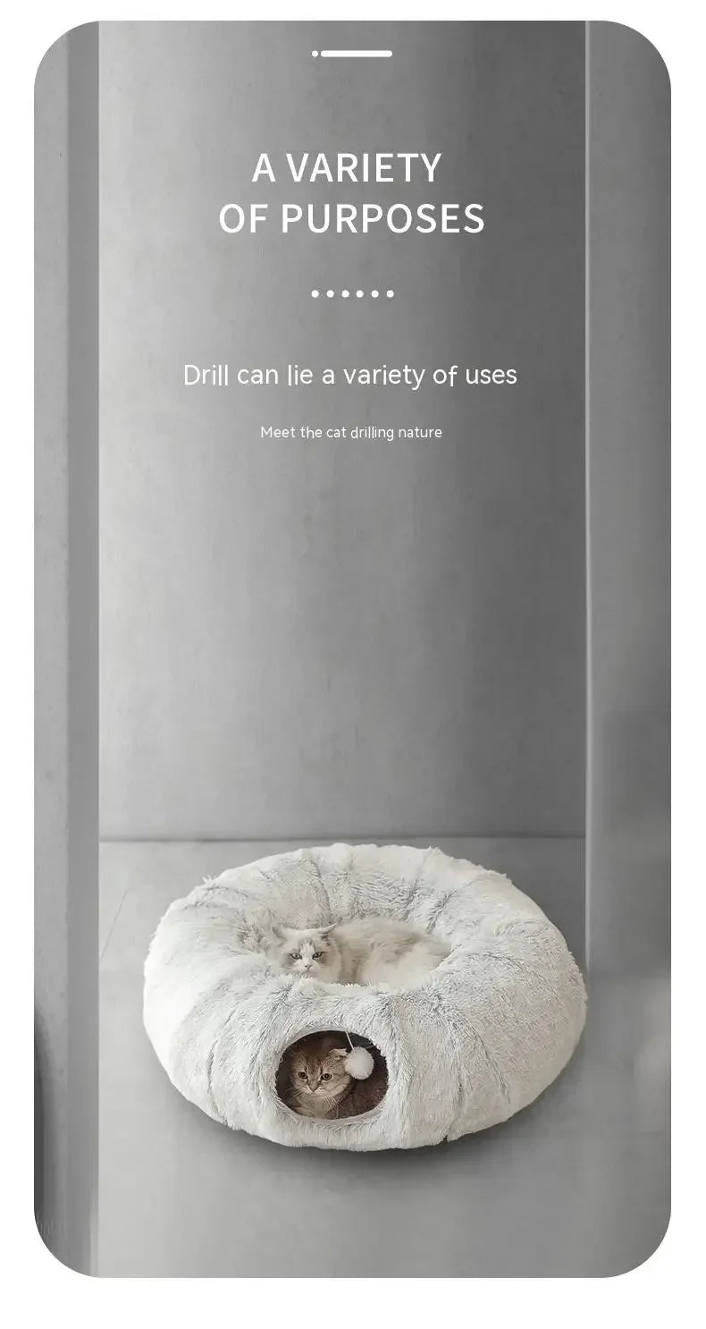 Plush Donut Cat Bed with Tunnel & Peephole – Indoor Fluffy Hideout
