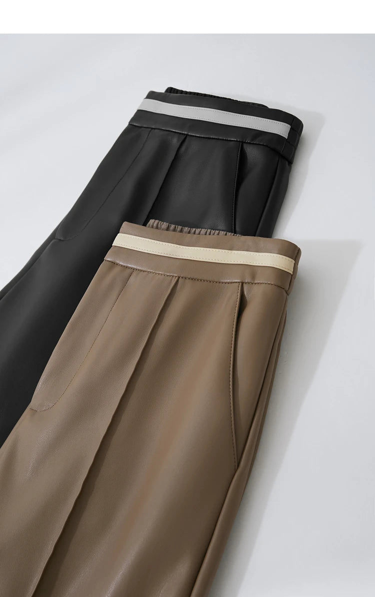 Women’s PU Leather Casual Pants – Loose Straight Floor-Length Trousers
