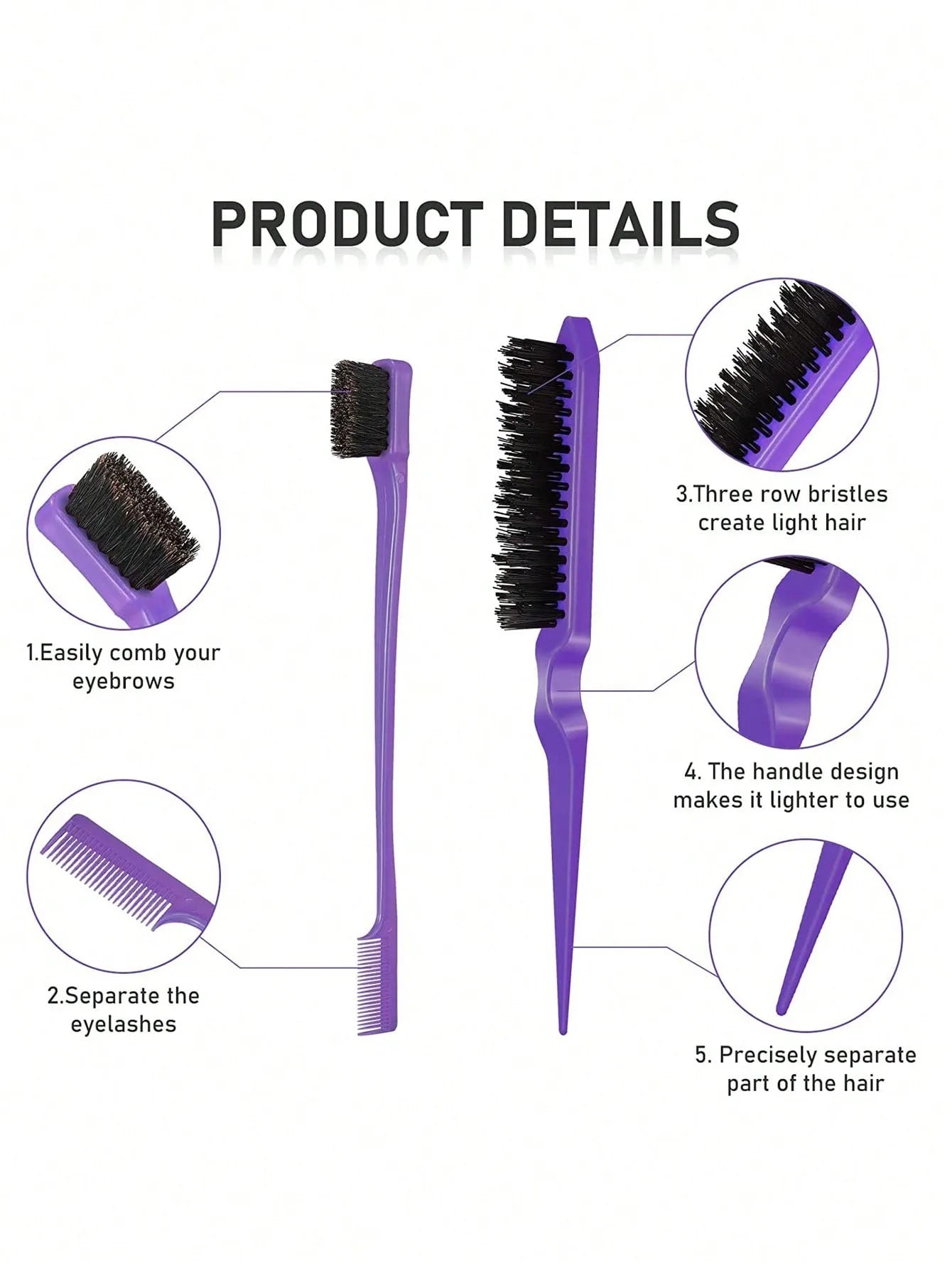 3pcs Hair Styling Comb Set – Edge Brush, Rat Tail & Detangling Tool