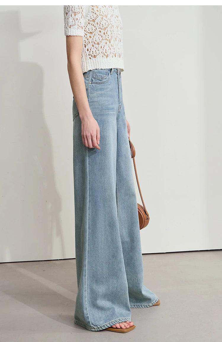 Women’s Blue Wide Leg Denim Jeans – Low Waist Loose Casual Trousers