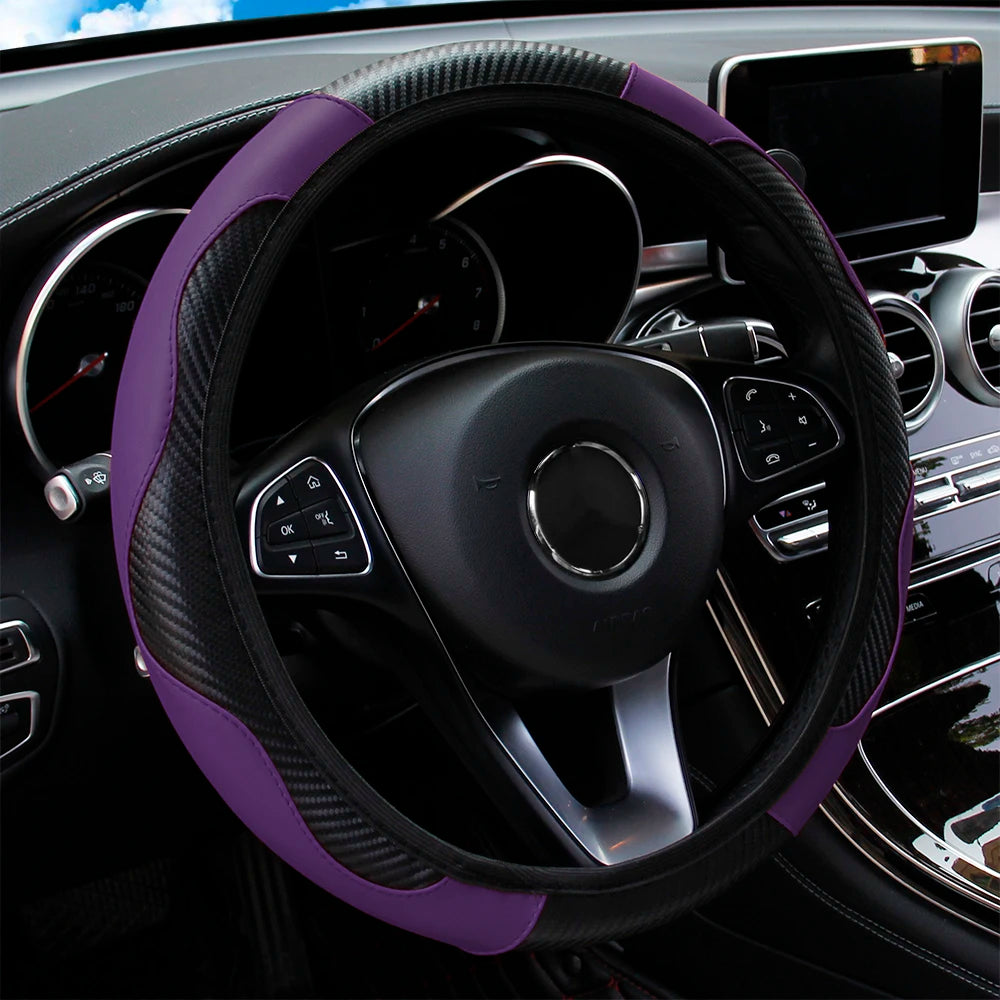 PU Carbon Fiber Leather Steering Wheel Cover 14.5–15 Inch Car Accessory