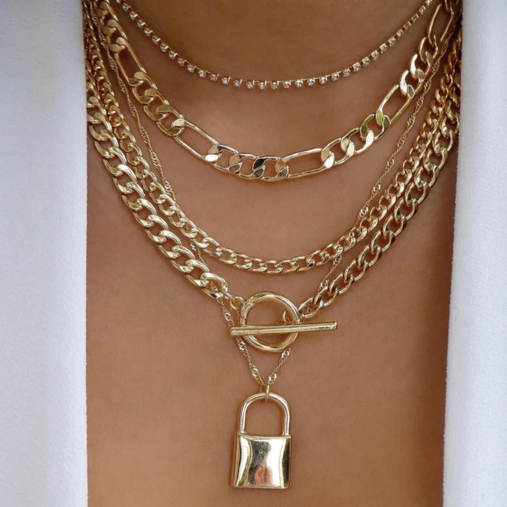 Layered Gold Tone Necklace Set – 5pcs Braided & Beaded Chains