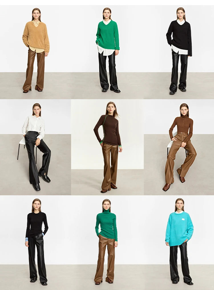 Women’s PU Leather Casual Pants – Loose Straight Floor-Length Trousers