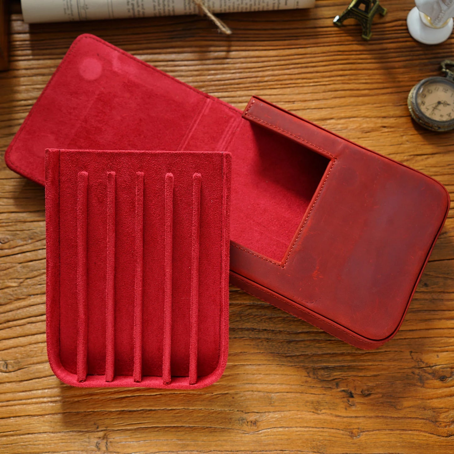 Vintage Genuine Leather Pen Pouch – 6-Slot Removable Tray Case