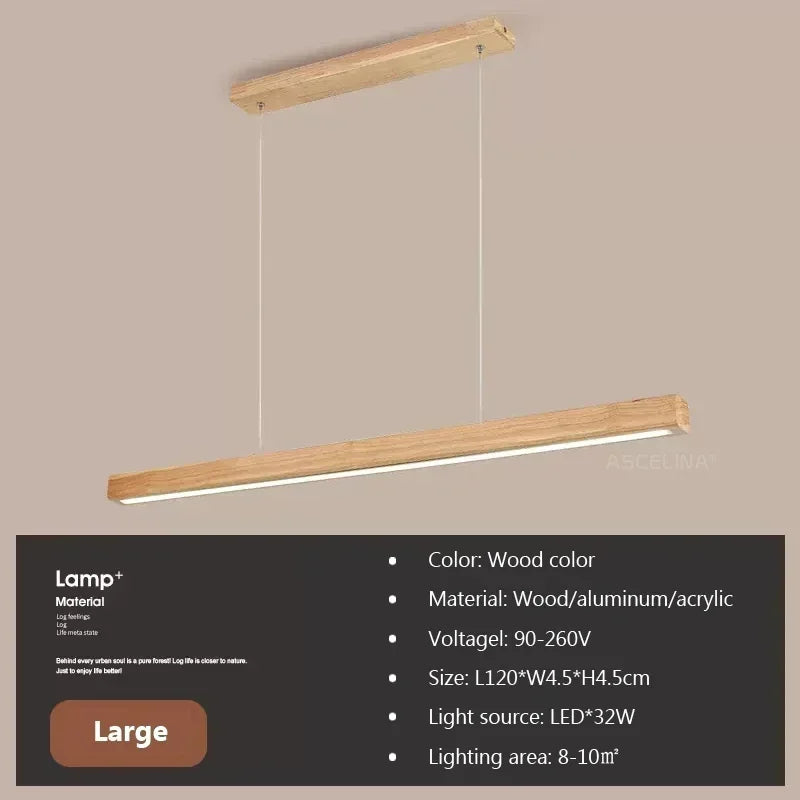Nordic Wood LED Pendant Light – Long Strip Dining Table Fixture