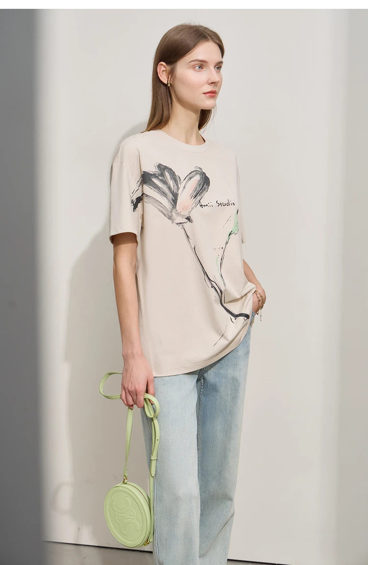 Women’s Summer Ink Art Print T-Shirt – Loose O-Neck Cotton Tee