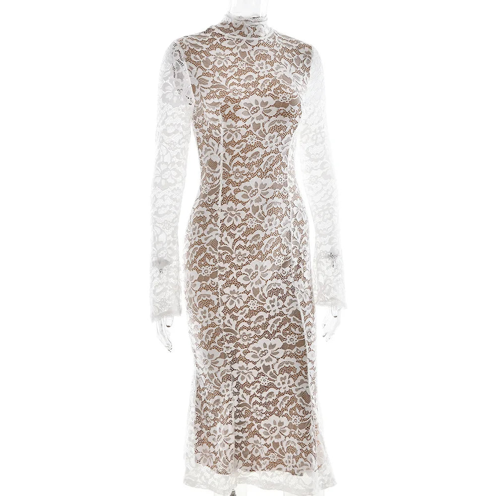 Women’s Elegant Lace Bodycon Dress – Long Sleeve Fishtail Evening Dress