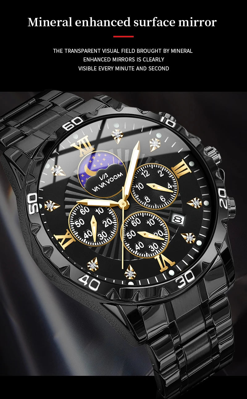 43mm Stainless Steel Men’s Quartz Watch – Diamond Night Glow