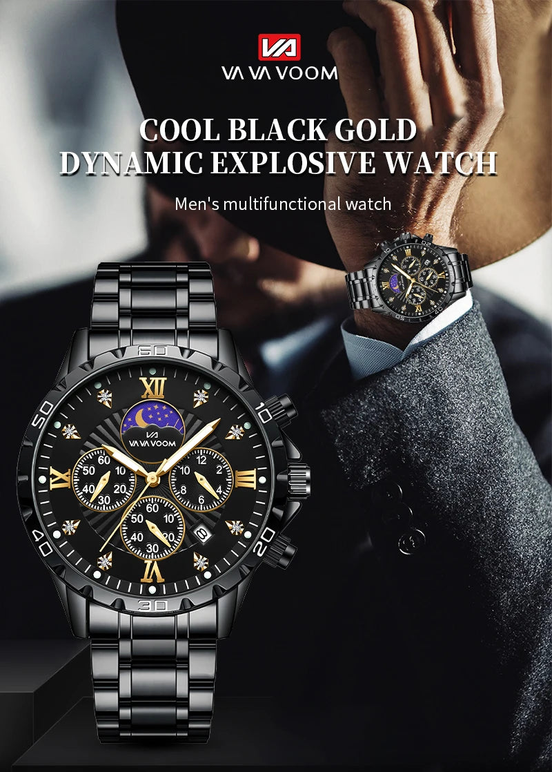 43mm Stainless Steel Men’s Quartz Watch – Diamond Night Glow