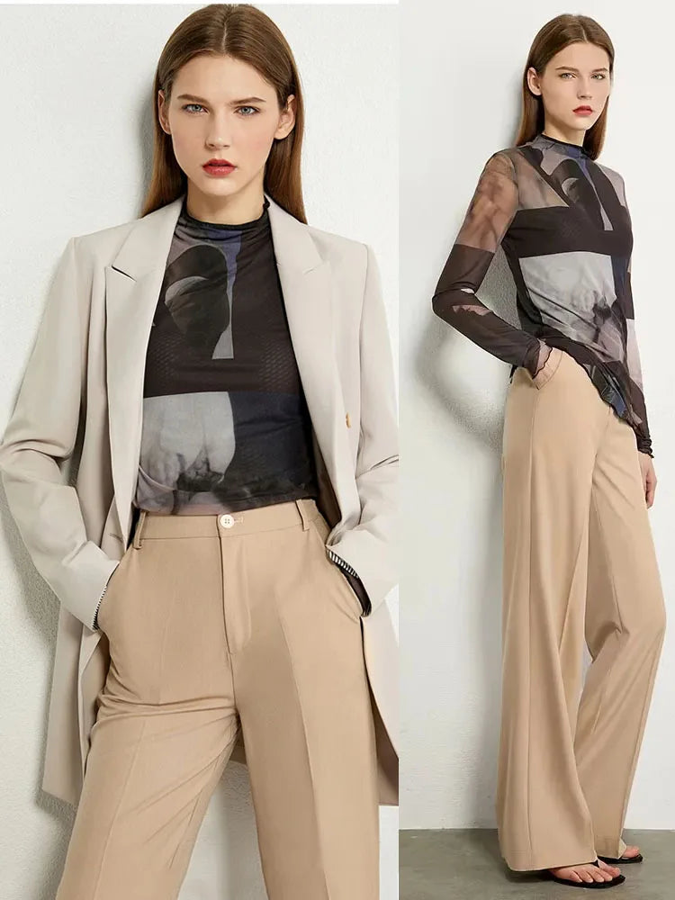 Women’s Long Sleeve Mesh Print T-Shirt – Slim Trendy Spring Top
