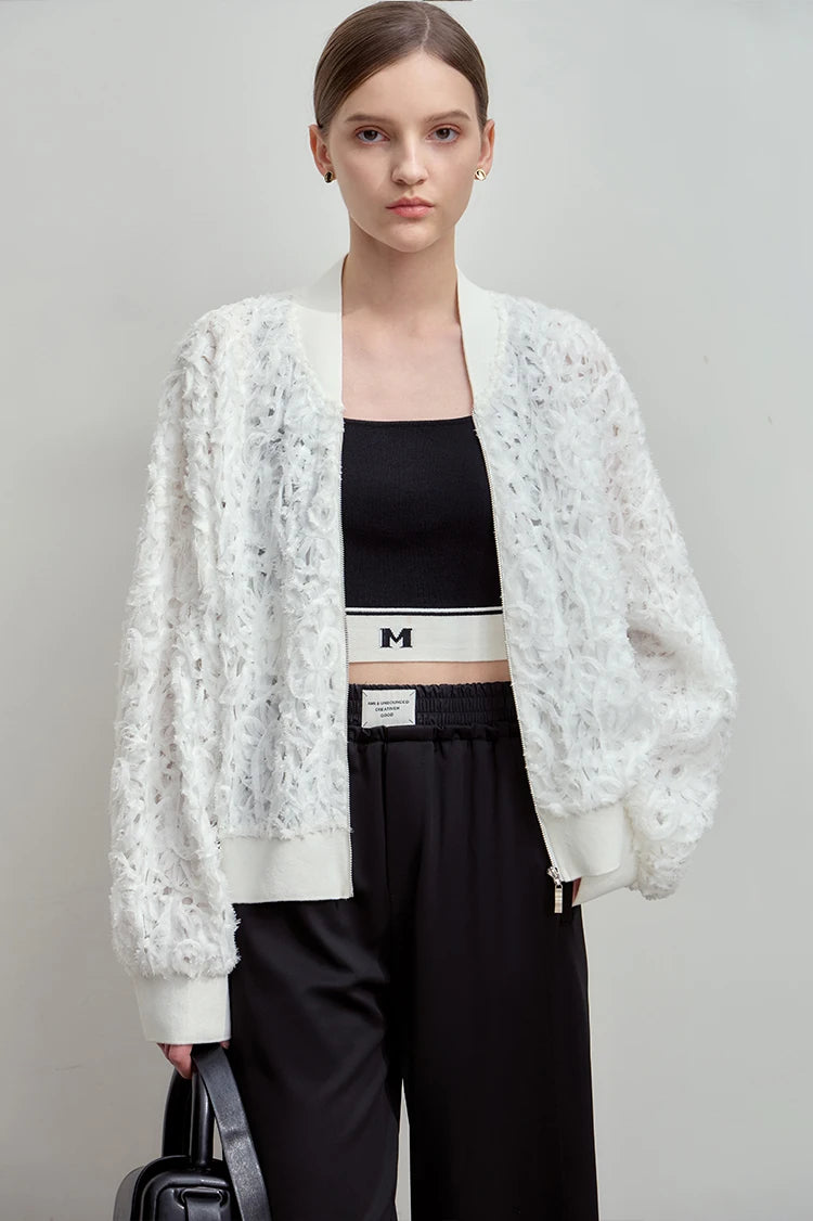 Women’s V-Neck Zipper Jacket – Hollow Flower Loose Casual Top