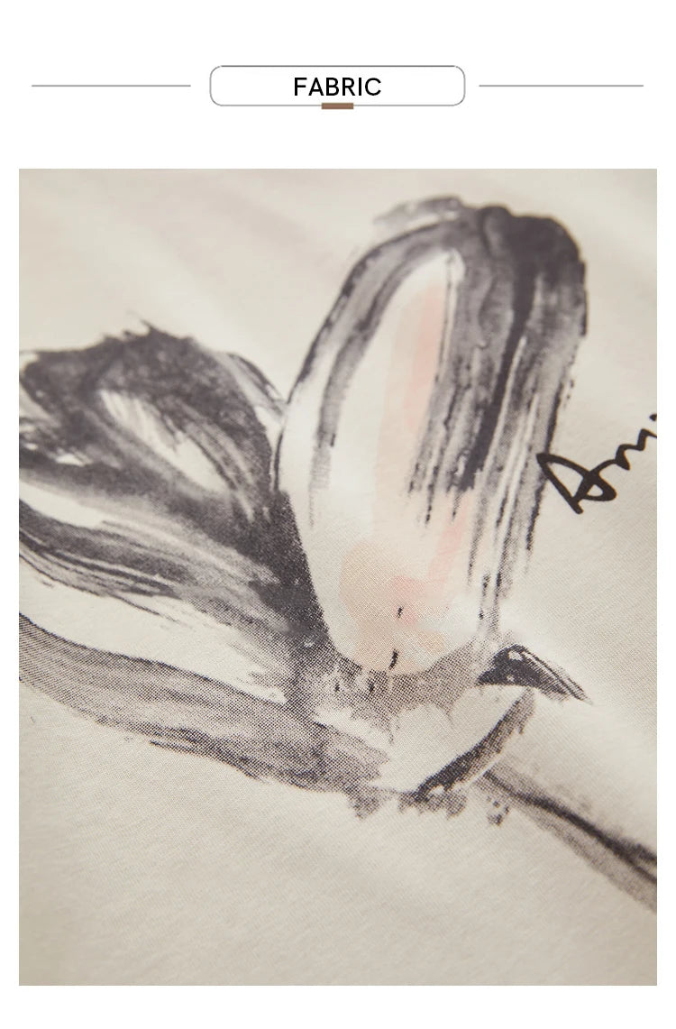 Women’s Summer Ink Art Print T-Shirt – Loose O-Neck Cotton Tee