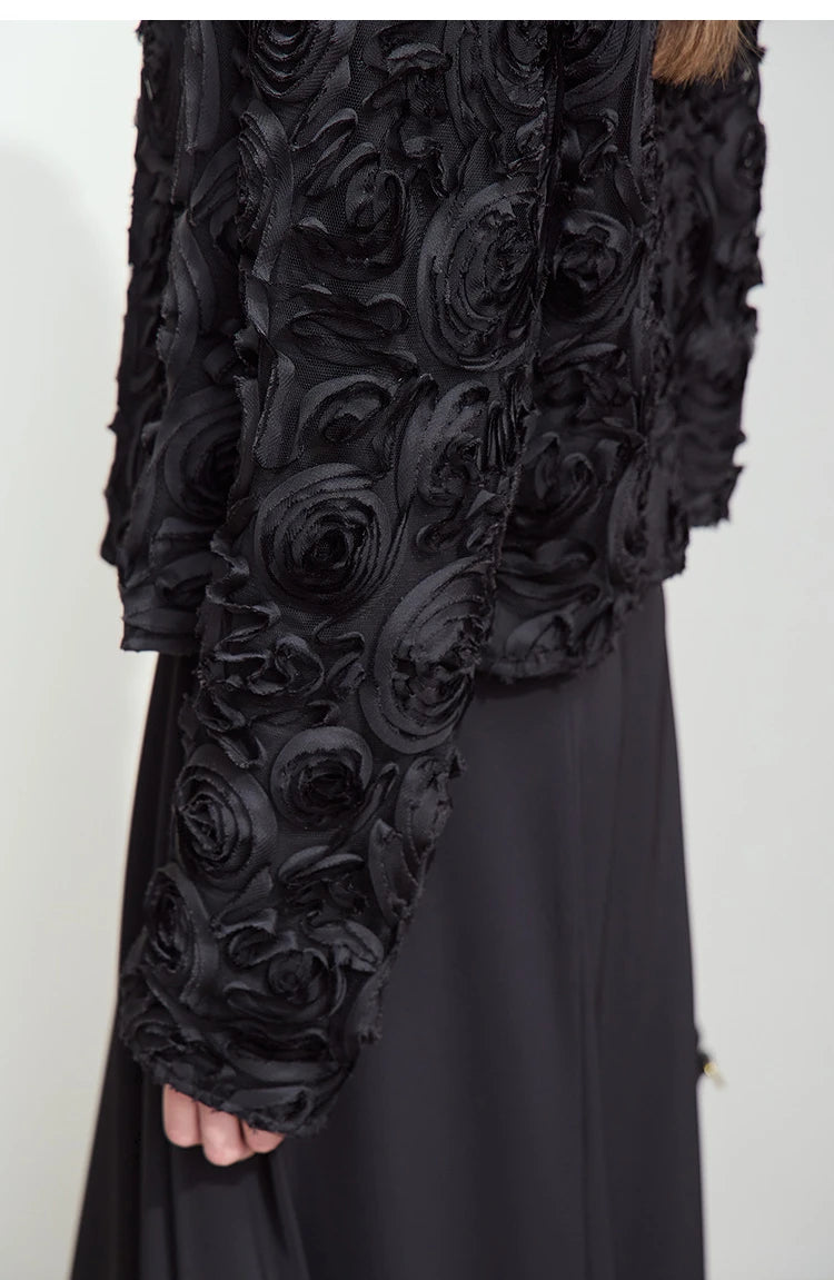 Women’s Elegant Short Jacket – Romantic Flower O-Neck Hook Button Coat