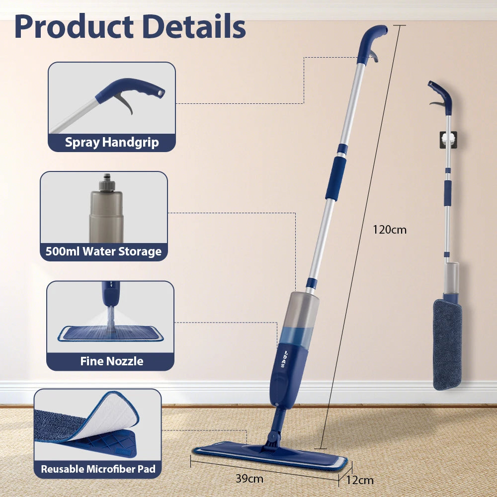 DARIS Spray Mop – 500ml Refillable Bottle, 3 Microfiber Pads