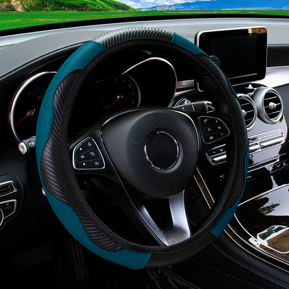PU Carbon Fiber Leather Steering Wheel Cover 14.5–15 Inch Car Accessory