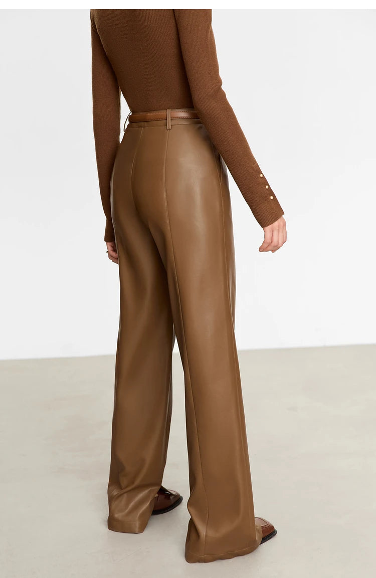 Women’s PU Leather Casual Pants – Loose Straight Floor-Length Trousers