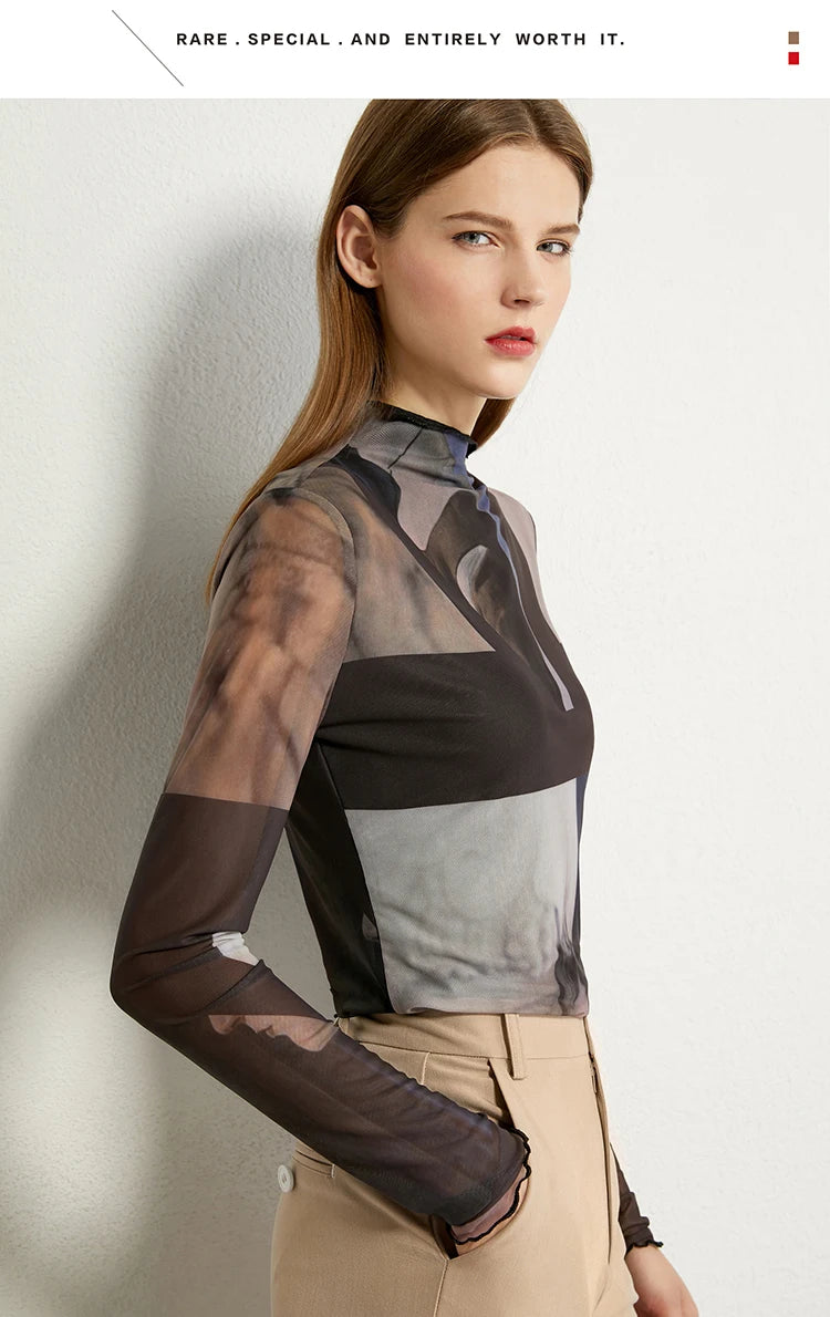 Women’s Long Sleeve Mesh Print T-Shirt – Slim Trendy Spring Top