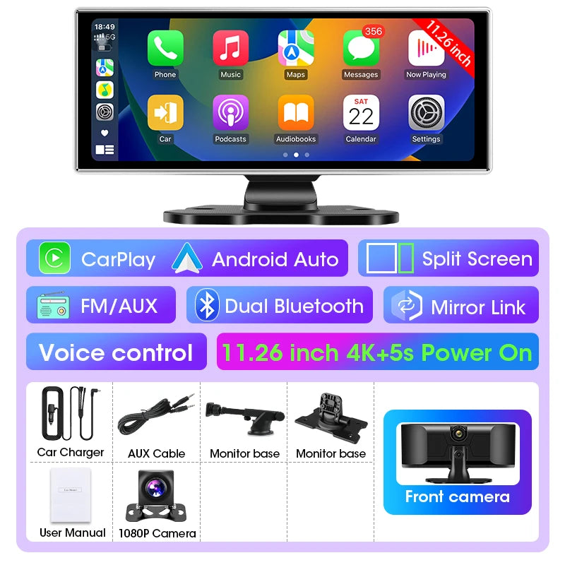 4K Dual Lens Car DVR Dash Cam with CarPlay, Android Auto, GPS, WiFi