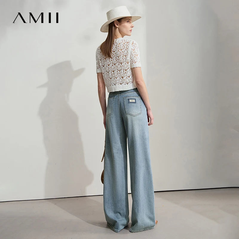 Women’s Blue Wide Leg Denim Jeans – Low Waist Loose Casual Trousers