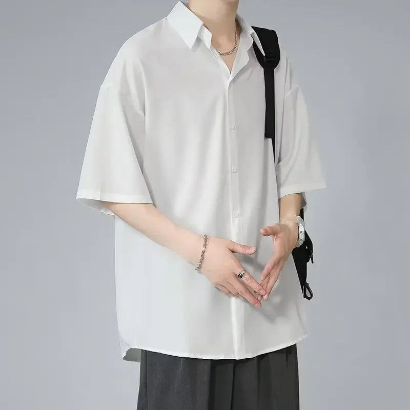 Men’s Ice Silk Summer Shirt Casual Loose Fit Korean Style Short Sleeve