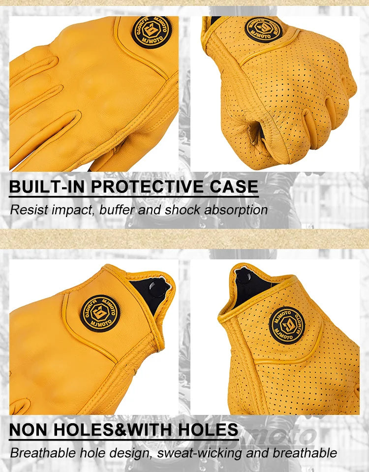 Retro Yellow Leather Motorcycle Gloves for Men & Women