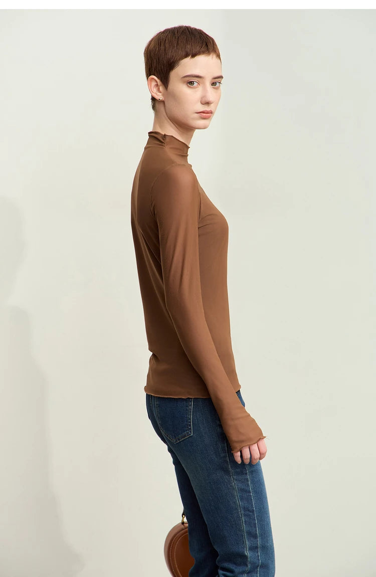 Women’s Mesh Half-High Neck Slim T-Shirt – Retro Office Spring Top