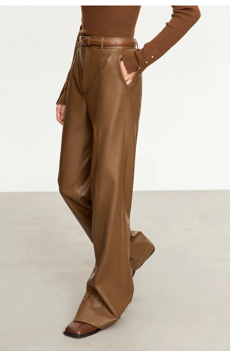 Women’s PU Leather Casual Pants – Loose Straight Floor-Length Trousers