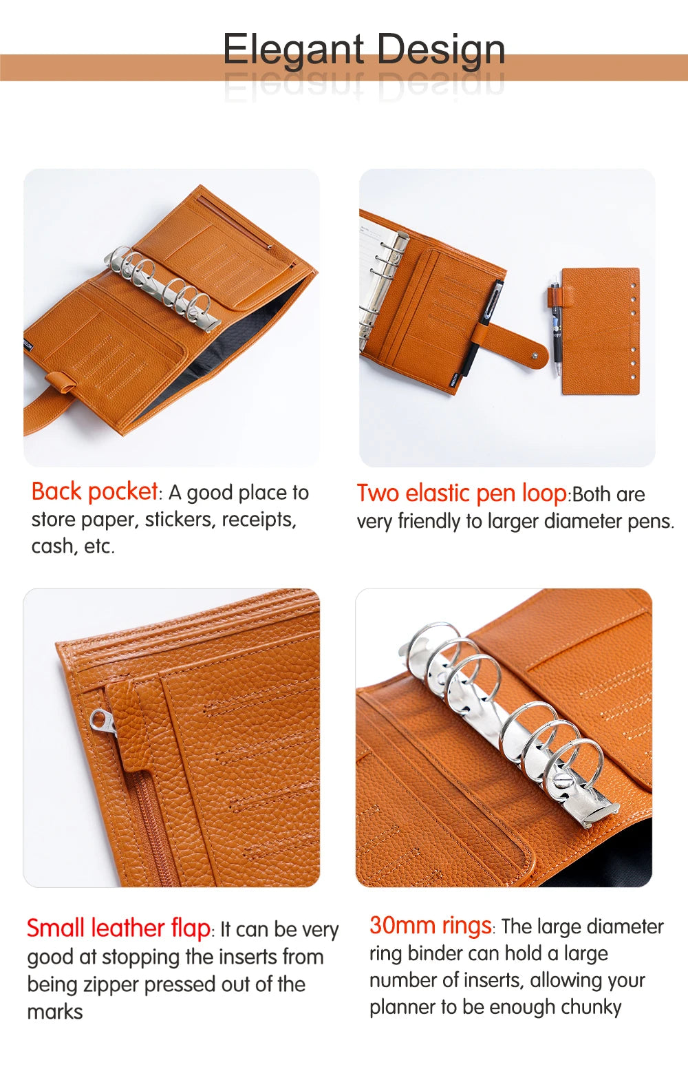 Personal Size Planner – 30mm Rings, Genuine Pebbled Grain Leather