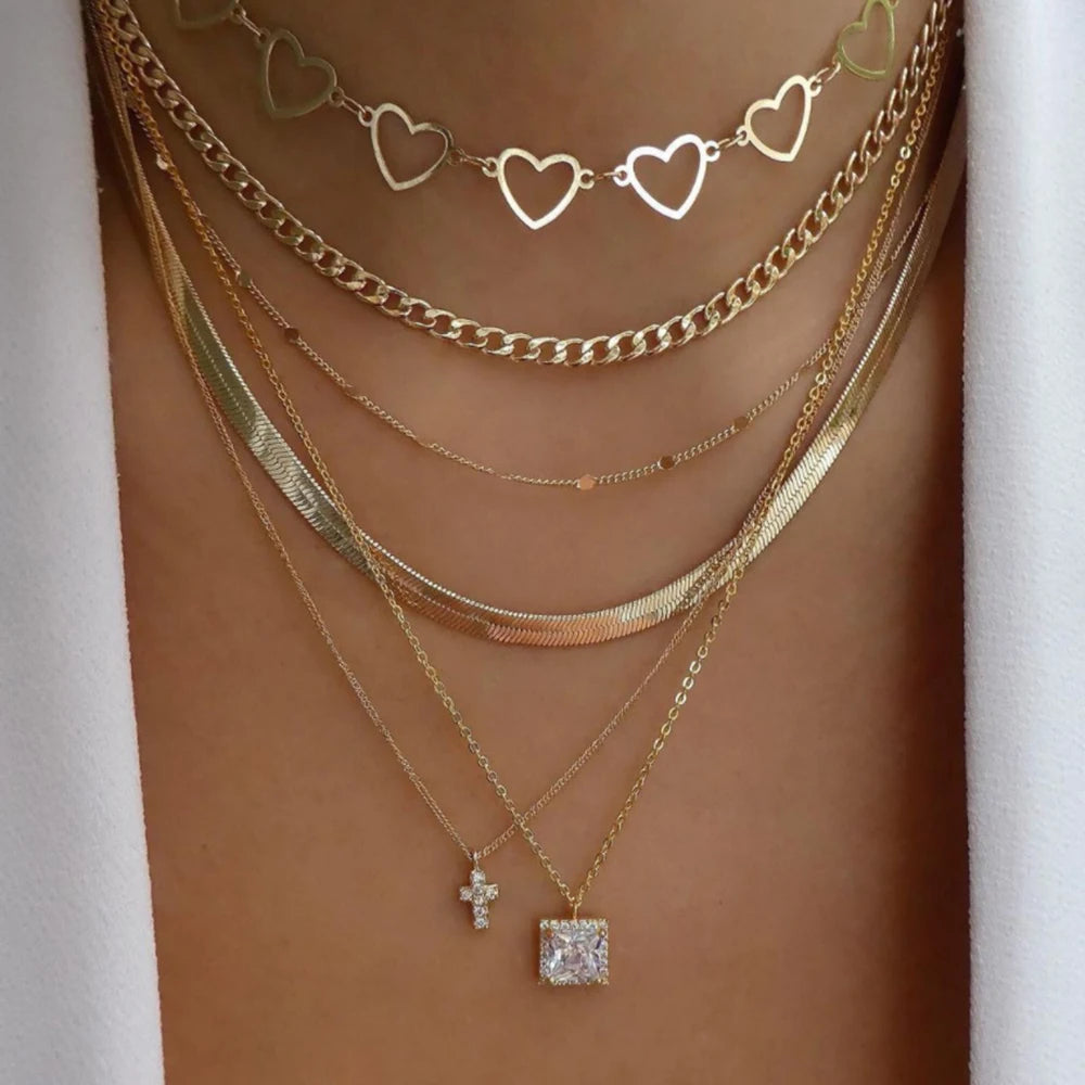 Layered Gold Tone Necklace Set – 5pcs Braided & Beaded Chains