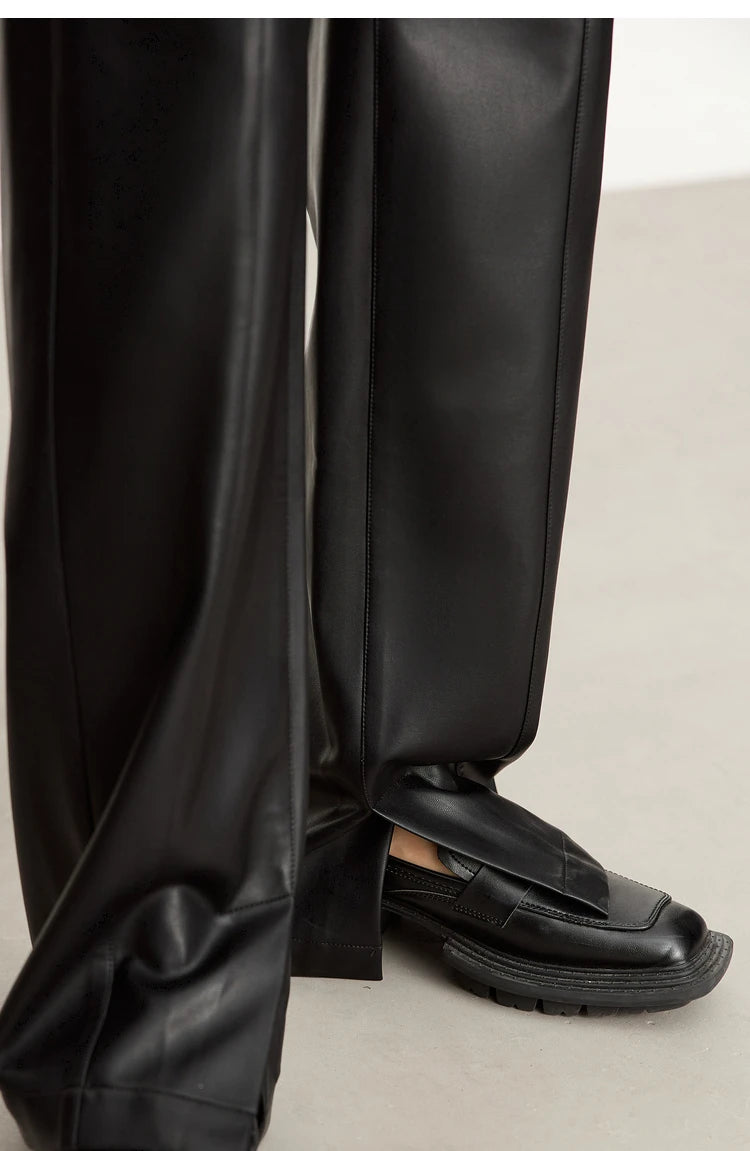 Women’s PU Leather Casual Pants – Loose Straight Floor-Length Trousers