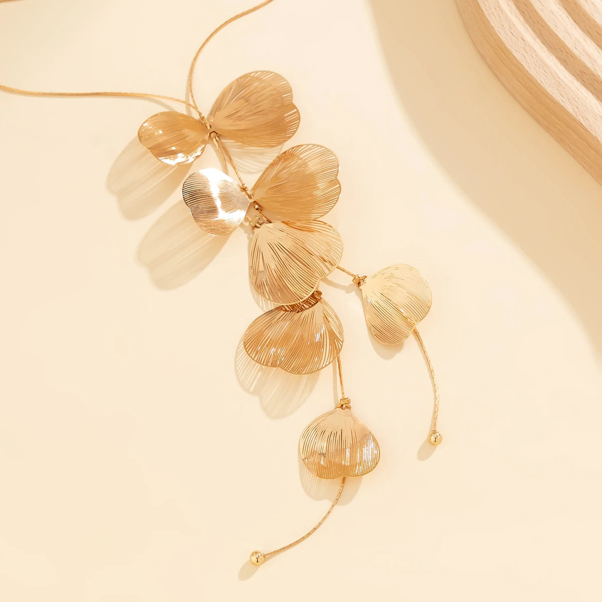 Gold Metal Petal Charm Tassel Necklace – Long Choker for Women