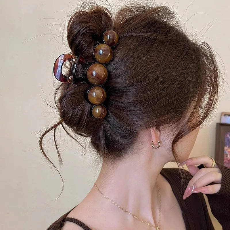 Retro Gradient Beaded Hair Claw – Geometric Plastic Hairpin Shark Clip