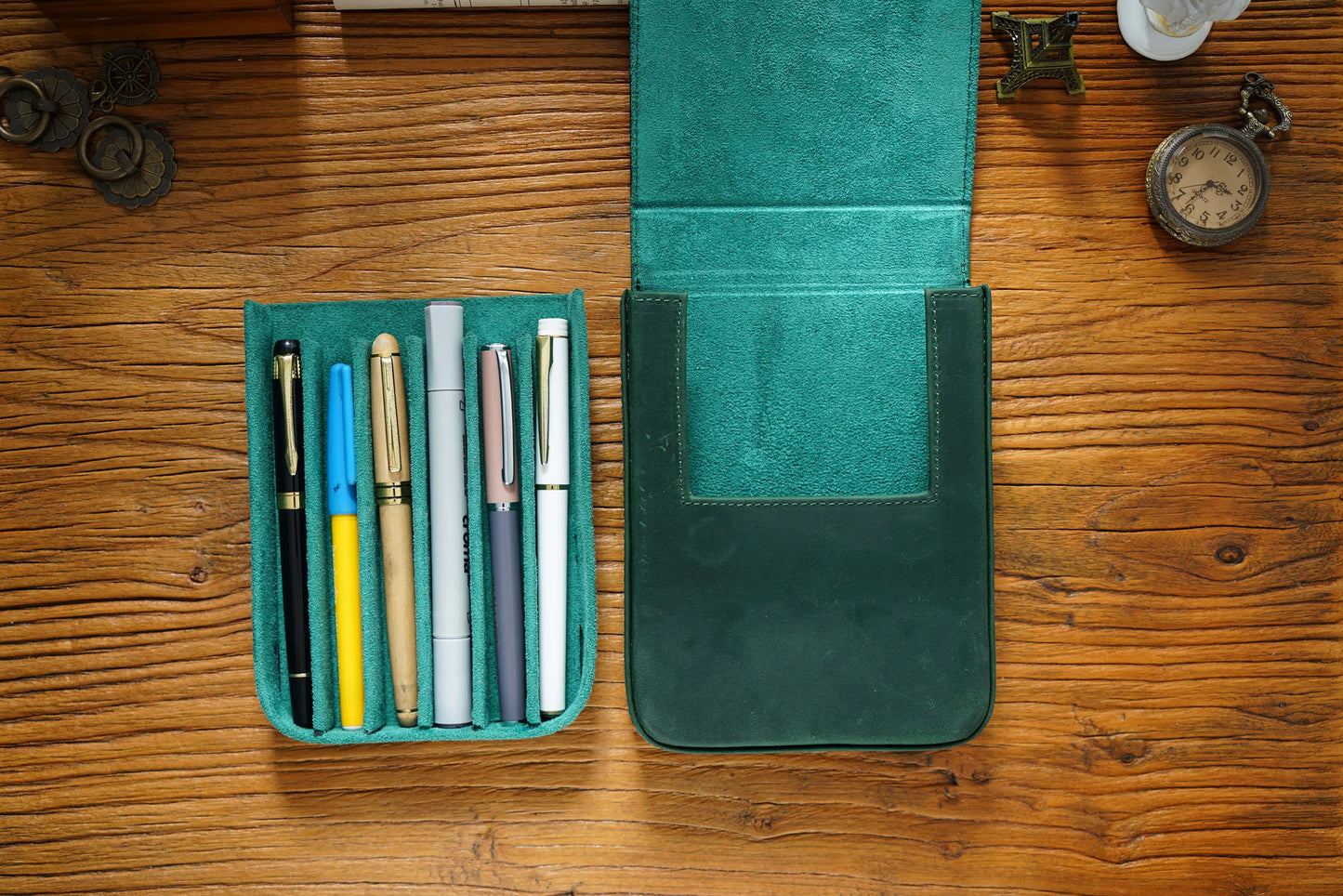Vintage Genuine Leather Pen Pouch – 6-Slot Removable Tray Case