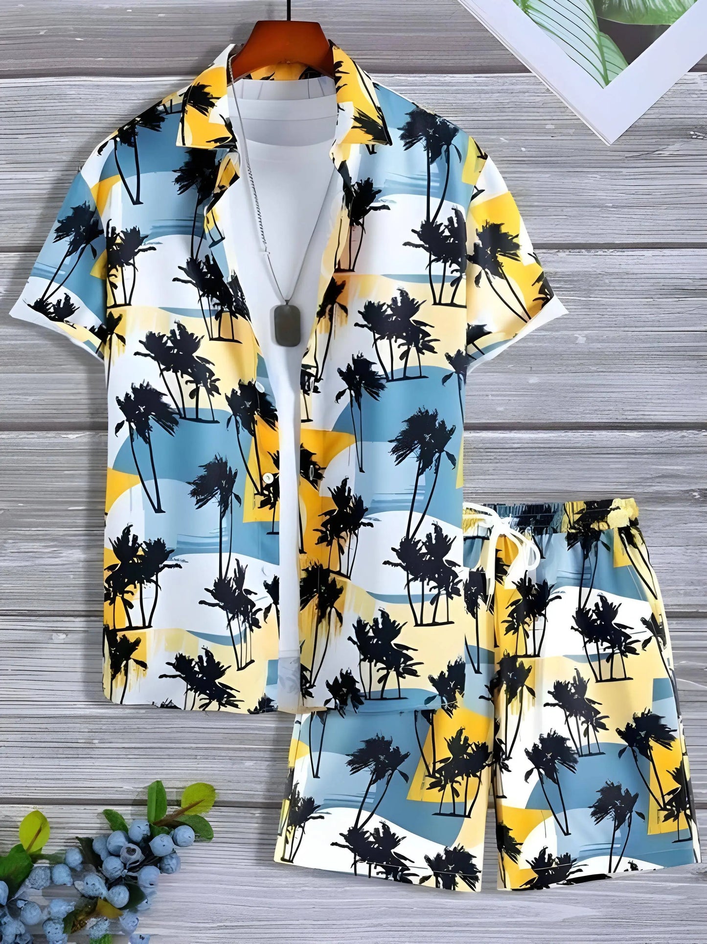 Men’s Tropical 2-Piece Set – Palm Tree Hawaiian Shirt & Shorts