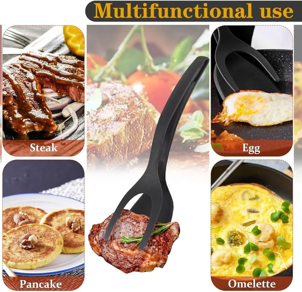 2-in-1 Grip Flip Spatula Tongs - Nylon Non-Stick Egg Flipper for Pancakes, Fish