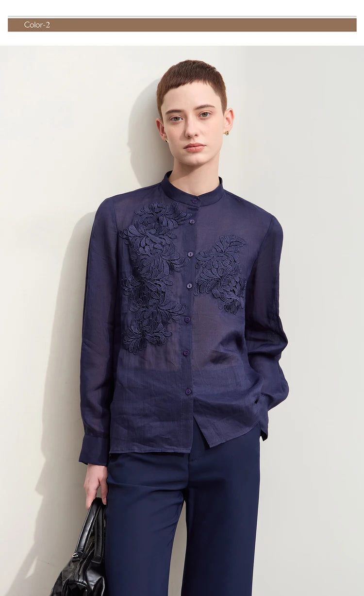 Women’s Autumn Stand Collar Lace Shirt – Elegant Shell Button Blouse