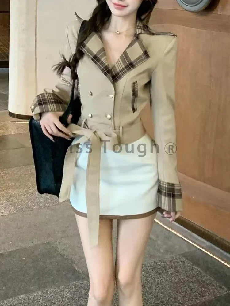 Women’s Winter 2-Piece Set – Belted Coat & White Mini Skirt Suit
