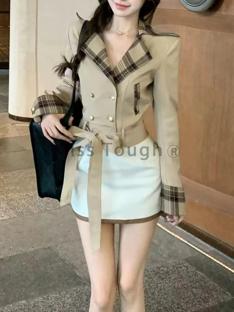 Women’s Winter 2-Piece Set – Belted Coat & White Mini Skirt Suit