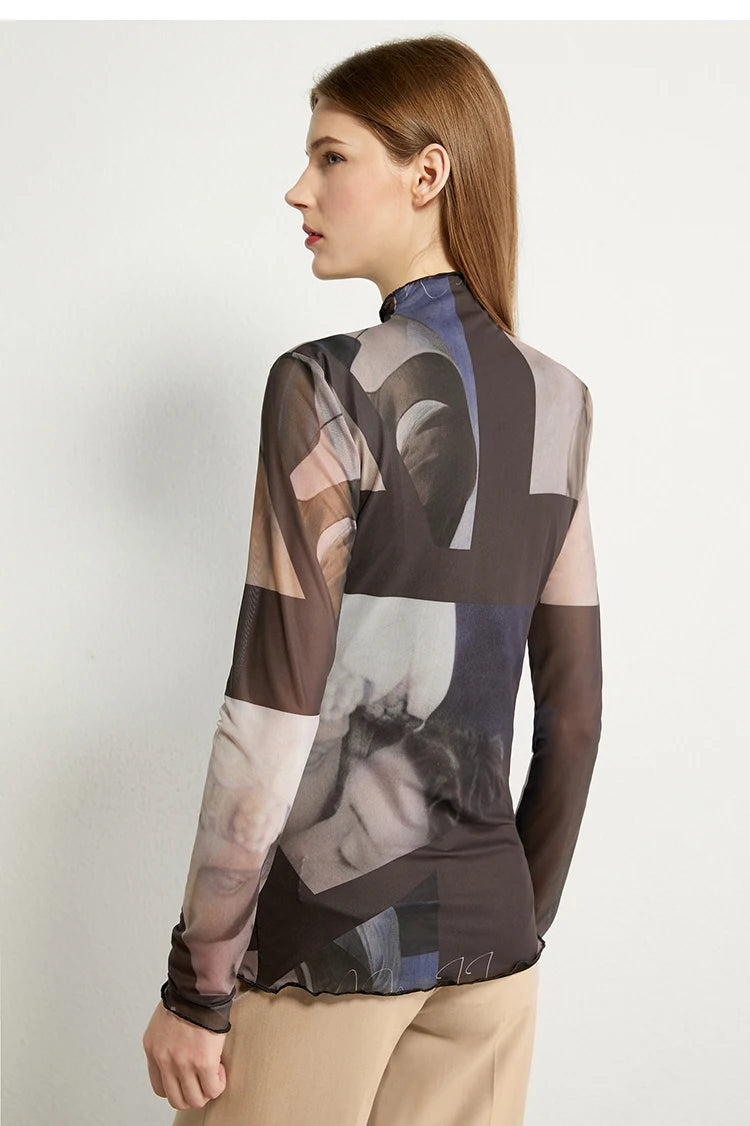 Women’s Long Sleeve Mesh Print T-Shirt – Slim Trendy Spring Top