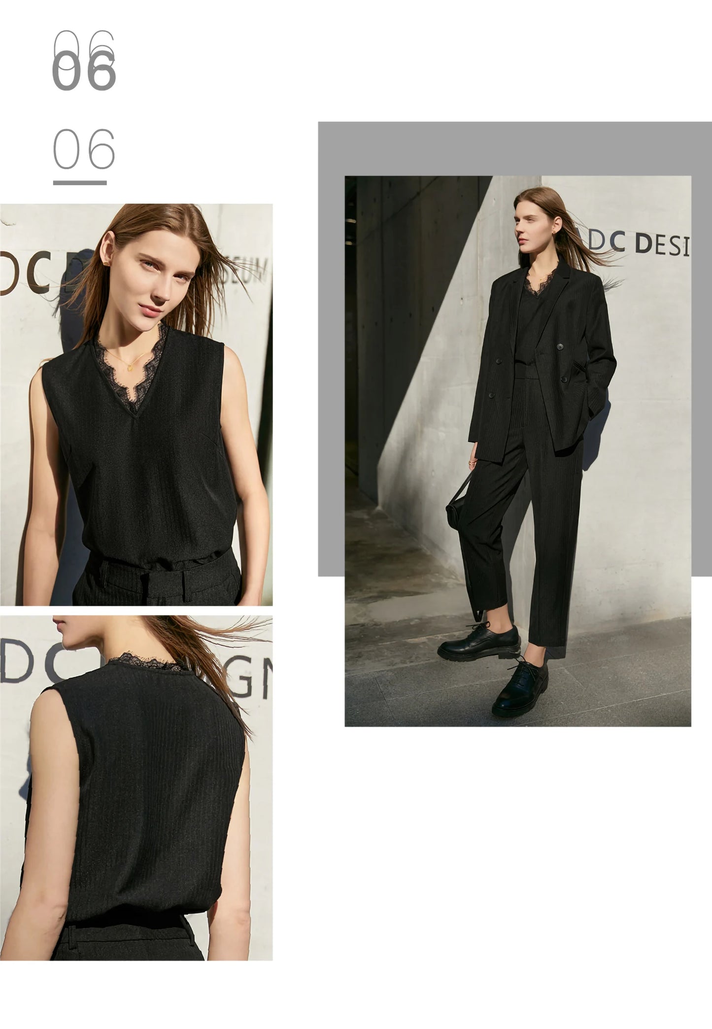 Women’s Office Blazer Set – Lace V-Neck Top & High Waist Pants