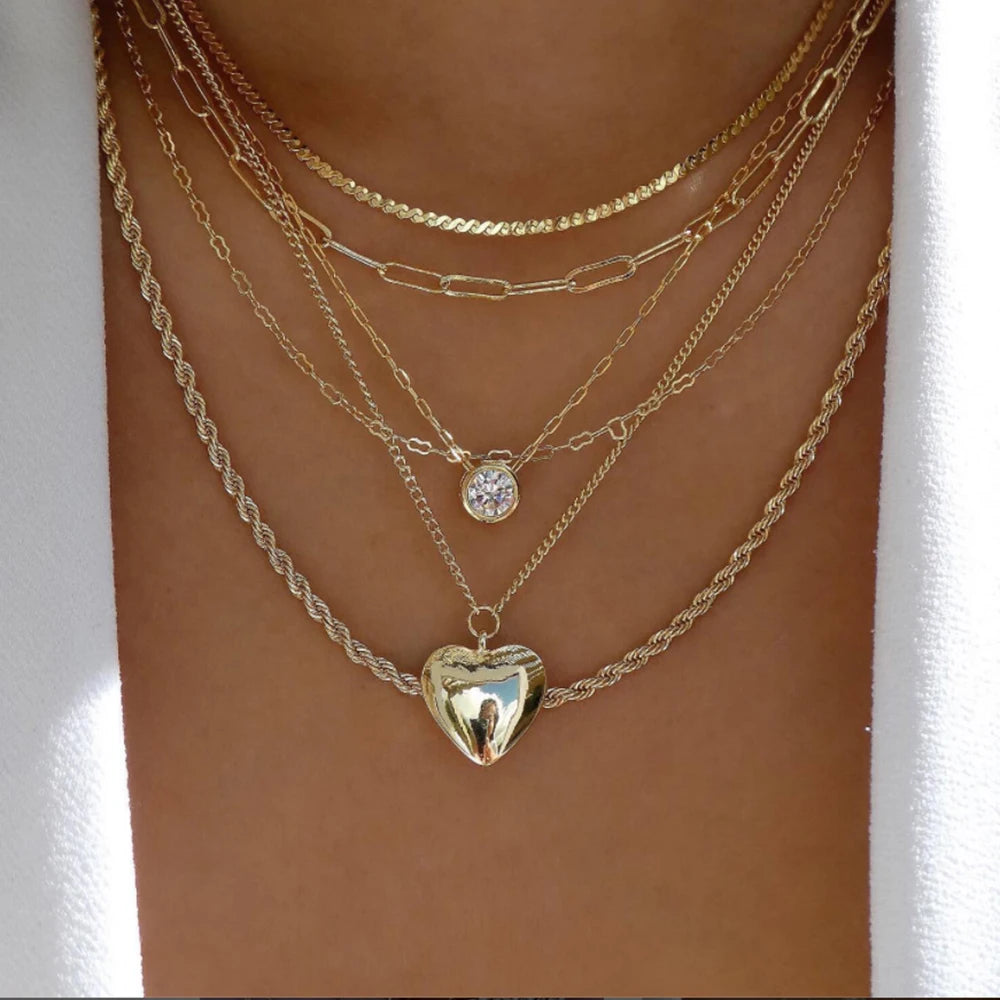 Layered Gold Tone Necklace Set – 5pcs Braided & Beaded Chains
