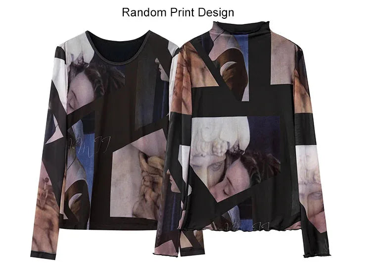 Women’s Long Sleeve Mesh Print T-Shirt – Slim Trendy Spring Top