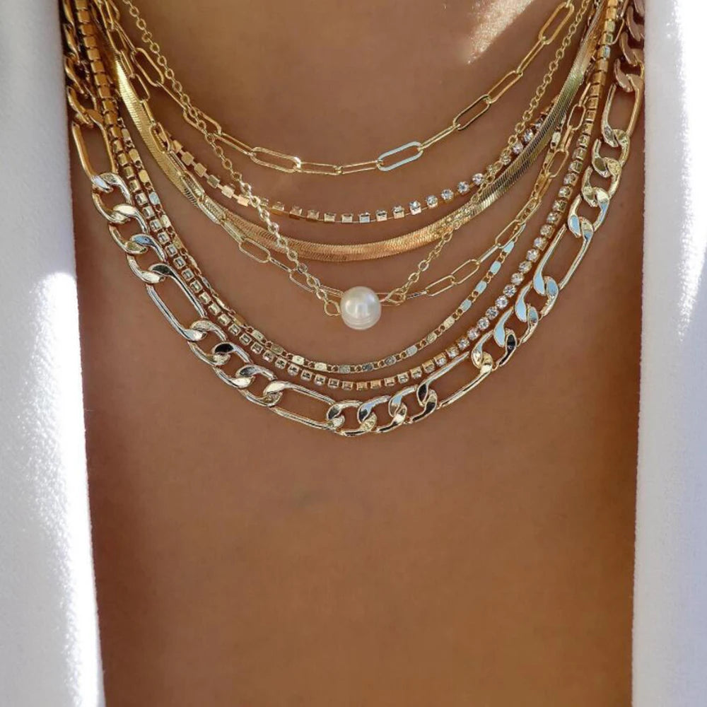 Layered Gold Tone Necklace Set – 5pcs Braided & Beaded Chains