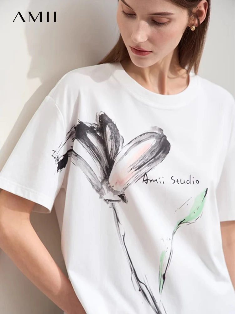 Women’s Summer Ink Art Print T-Shirt – Loose O-Neck Cotton Tee