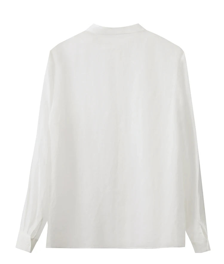 Women’s Autumn Stand Collar Lace Shirt – Elegant Shell Button Blouse