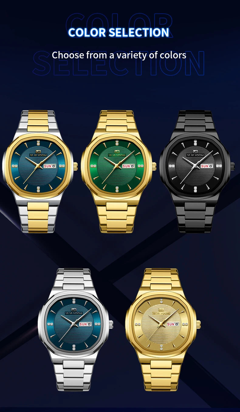 Luxury Diamond Men’s Watch – Stainless Steel Dual Date & Week Display
