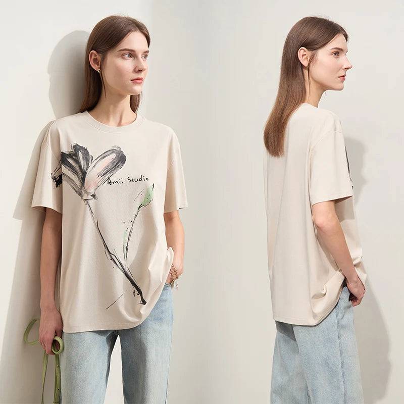 Women’s Summer Ink Art Print T-Shirt – Loose O-Neck Cotton Tee