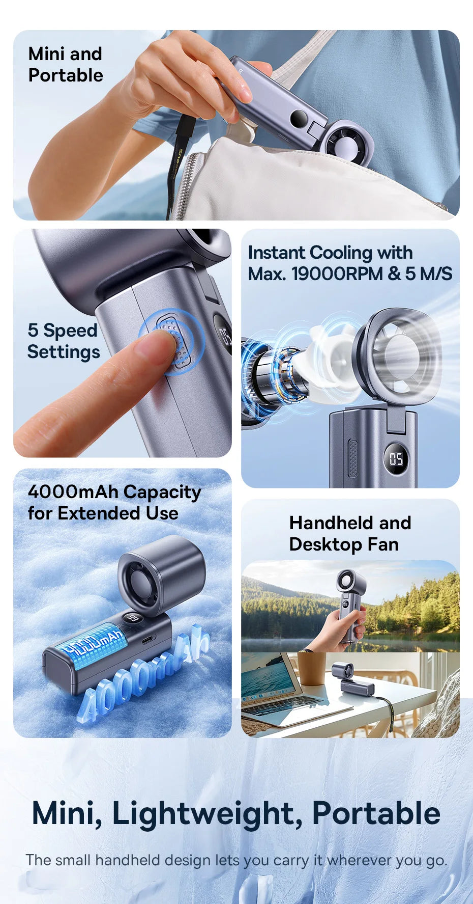 Portable Foldable Mini Fan – 5-Speed Handheld Rechargeable Fan
