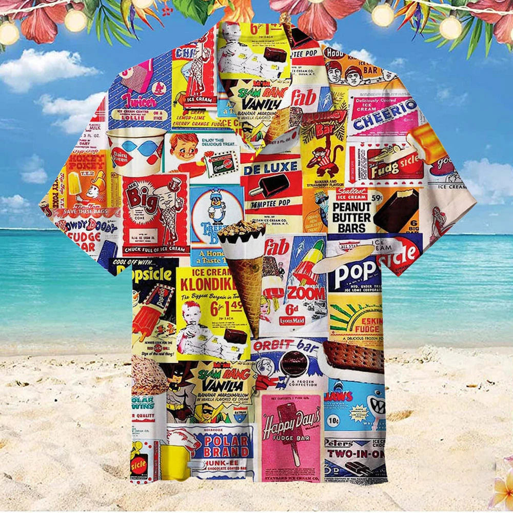 Cartmela Men’s 2024 Ice Cream Print Hawaiian Shirt